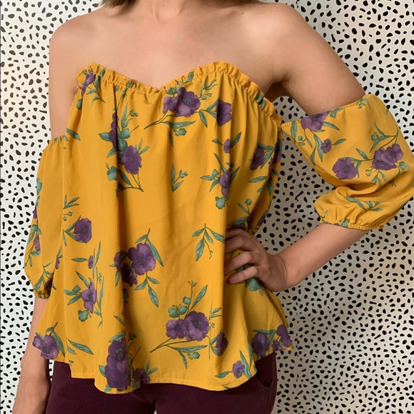 Francesca's Collections Tops - Francesca's Yellow Cold Shoulder Floral Blouse